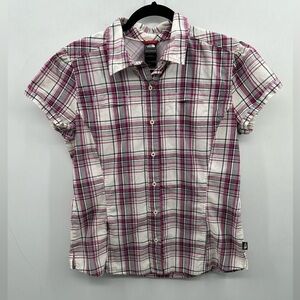 The North Face woman’s heritage plaid activewear button athleisure top. LARGE